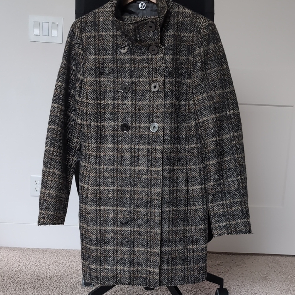 MARELLA Black and Gray Plaid Pea Coat